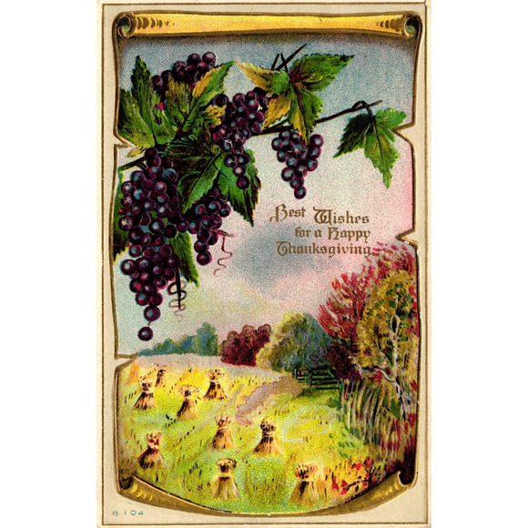 Postcard Best Wishes For A Happy Thanksgiving Grapevines & Haystacks Scene - Picture 1 of 2